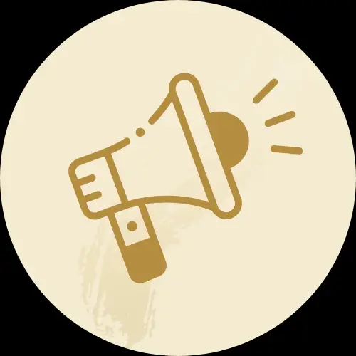 Icône de mégaphone doré représentant le service de soutien à la communication.