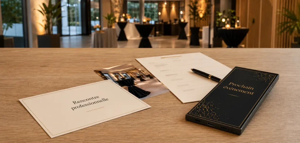 Préparation d’un événement professionnel avec programme, smartphone et salle de réception à Montélimar